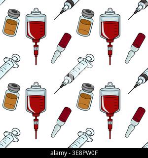 Seamless vector pattern of medical syringes, blood bags and vials with red liquid Stock Vector
