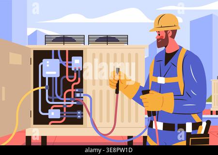 HVAC technician repair maintenance rooftop air conditioning unit worker wearing safety gear holding tools colorful urban background Stock Vector