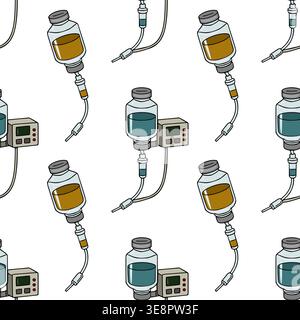 Seamless vector pattern of medical IV drips and infusion pumps with colorful liquids Stock Vector