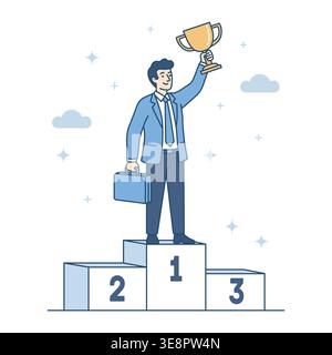 Businessman winner champion standing on first place of podium pedestal and holding gold trophy cup. Business success, leadership achievement and caree Stock Vector