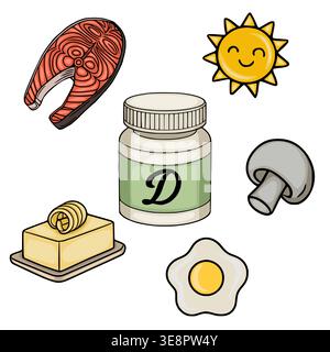 Vitamin D sources vector illustration: salmon, butter, egg, mushroom, sun, and supplement bottle Stock Vector