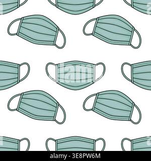 Seamless vector pattern of light blue medical face masks with black outlines on a white background. Stock Vector