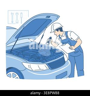 Auto mechanic in uniform and helmet inspecting a car engine with a flashlight and clipboard in a garage. Car maintenance service, vehicle diagnostic, Stock Vector