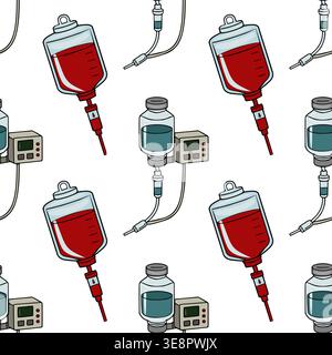 Seamless vector pattern of medical infusion bags with blood and fluid, and an infusion pump, in a playful cartoon style. Stock Vector