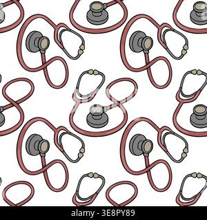 Seamless vector pattern of red stethoscopes on a white background, medical illustration Stock Vector