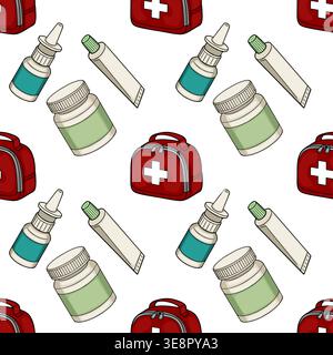 Seamless vector pattern of medical supplies, including first aid kits, nasal spray bottles, and medicine jars. Stock Vector