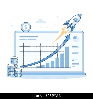 Startup launch and exponential growth concept. Businessman dashboard with rising chart, rocket and coins. Financial report, profit investment increase Stock Vector