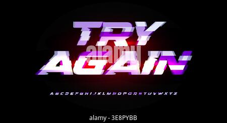 Try Again Motivated Phrase Alphabet Font Gradient Vibrant Glow Red Neon Glitch Futuristic Typography, Gaming Cyberpunk Headline, Dynamic Bold Stock Vector