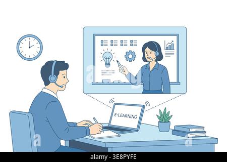 Online education and professional development concept. Male character participating in video conference or virtual workshop. E-learning platform and Stock Vector