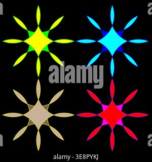 Star set icons. Colorful geometric Vector. Black background focus. Vibrant sharp shapes. Stock Vector