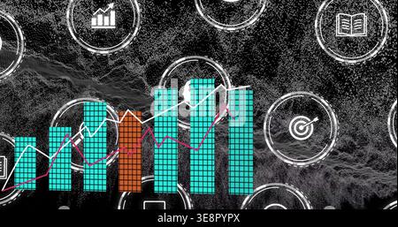 Displaying clustered bar chart on dashboard with teal bars, orange bar, white-magenta lines, icons Stock Photo