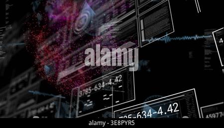 Floating UI panels streaming code and numbers in virtual space, showing magenta data cloud Stock Photo