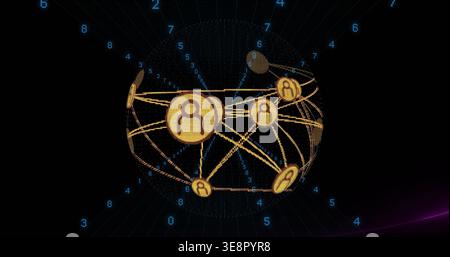 Rotating dotted sphere showing gold node badges and arcs in abstract digital space with blue digits Stock Photo