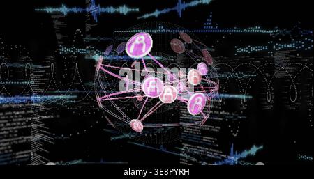 Rotating 3D network globe pulsing in virtual cyberspace, showing magenta nodes and user icons Stock Photo