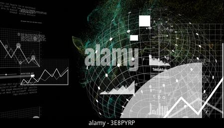 Displaying translucent wireframe data globe rotating in dashboard, with white nodes, line charts Stock Photo