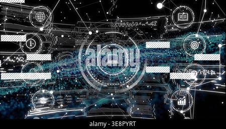 Displaying central concentric HUD rotating in cyberspace, with laptop icon, cyan stream and badges Stock Photo