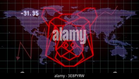 Displaying red neon skull overlay covering dark tactical HUD, with purple dotted map and waveform Stock Photo