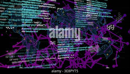Displaying translucent world map on dark grid, with cyan code, purple links, nodes, alerts Stock Photo