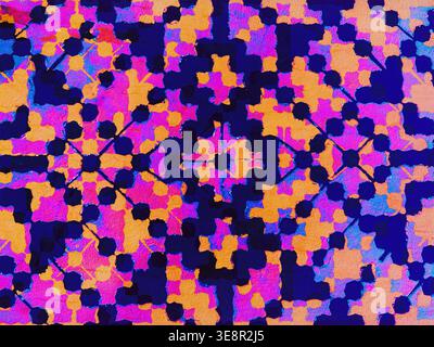 Vibrant abstract geometric pattern with ethnic motifs in pink, orange and navy blue. Symmetrical kaleidoscope ornament in trendy maximalist style. Stock Photo