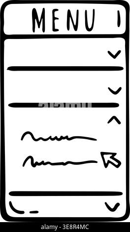 Drop Down Menu icon for mobile app navigation. Hand drawn doodle illustration of list interface with arrows and cursor. Stock Vector