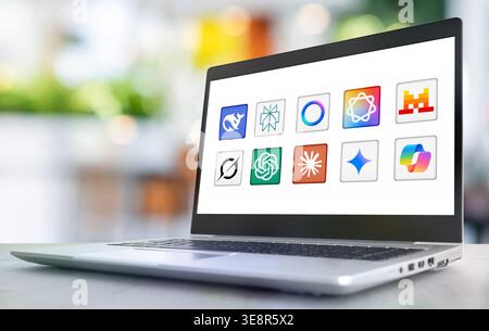 Multiple Apps Powered by Different Large Language Models displayed on laptop Stock Photo