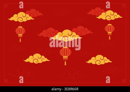 Traditional Chinese New Year red background with lanterns vector illustration. Stock Vector