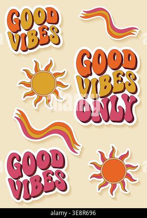 Retro groovy sticker set with good vibes only text vector illustration. Stock Vector
