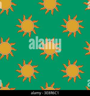 Retro groovy sun seamless pattern on green background vector illustration. Stock Vector