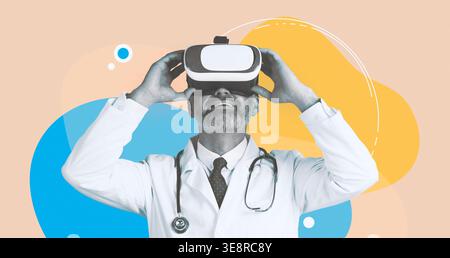 Middle Aged Doctor Uses VR Headset to Explore Future Technologies in Healthcare Stock Photo