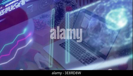 Joining daughter in casual outfit on laptop at home, hand using wireless mouse, hologram overlays Stock Photo