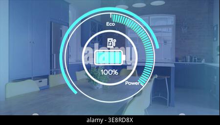 Displaying circular battery HUD hovering over kitchen and dining area, showing 100% Eco Power Stock Photo