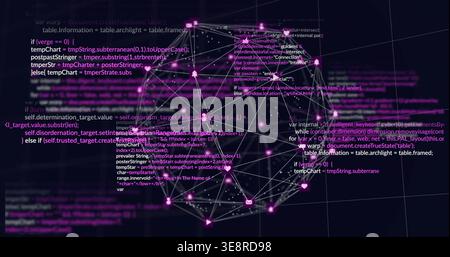 Glowing spherical 3D network graph rotating in virtual space, with magenta nodes and code overlays Stock Photo
