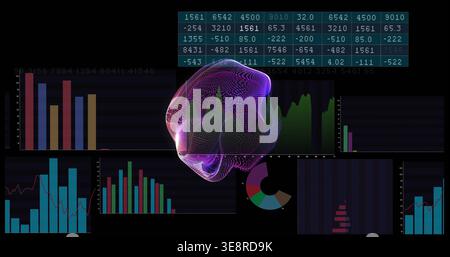 Displaying central 3D wireframe mesh glowing on dark analytics dashboard, with bar charts and table Stock Photo