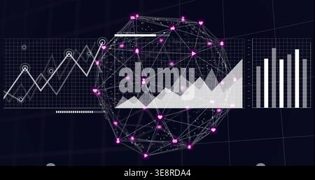 Displaying wireframe sphere pulsing with pink nodes on dark UI, area overlay left chart right bars Stock Photo