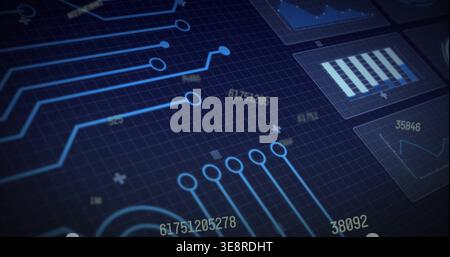 Rendering circuit UI graphic centered on screen, showing glowing traces, nodes, bar and line charts Stock Photo