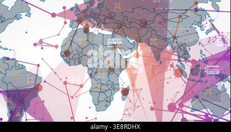 Displaying stylized world map and data overlay on flat canvas, showing colored nodes and links Stock Photo