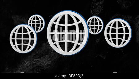 Floating five white 3D globe-grid icons centered on charcoal backdrop, showing blue rim shadows Stock Photo
