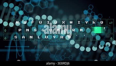 Displaying translucent pixel keyboard on virtual GUI showing turquoise helix and bright green key Stock Photo