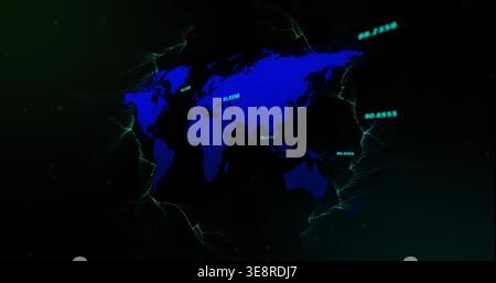 Displaying stylish deep blue world map glowing in virtual studio, with neon labels and filaments Stock Photo