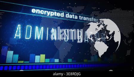 Displaying central ADMINISTRA neon title on monitor screen showing globe, encrypted stripe, charts Stock Photo