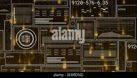 Displaying tiled dashboard on dark striped backdrop, showing outlined panels and circular gauge Stock Photo