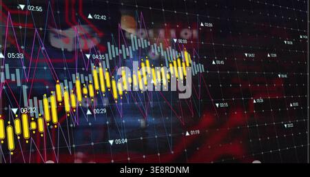 Displaying finance visualization plotting yellow candle markers on large screen, with magenta line Stock Photo