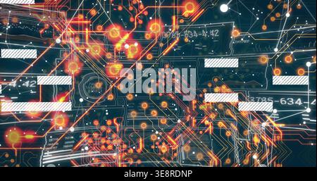 Pulsing central clustered circuit pattern on dark teal-blue panel, showing glowing nodes and lines Stock Photo