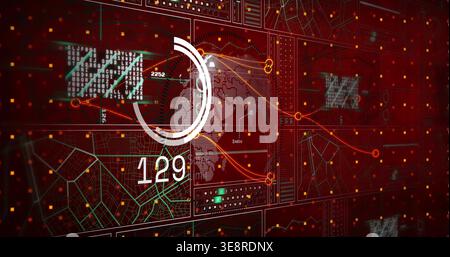 Displaying central circular gauge showing 129 on data display, with dotted globe and route lines Stock Photo