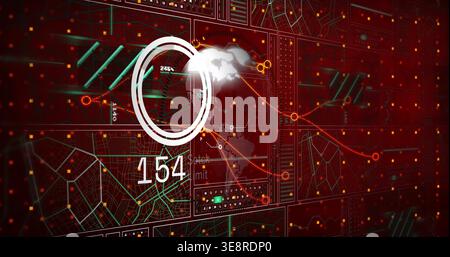 Displaying circular HUD with rings, globe and numeric readout 154 on red dashboard, tiled maps Stock Photo