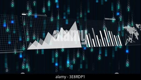 Displaying faint panels tilting on dark UI revealing area and bar charts, binary streams, teal squar Stock Photo