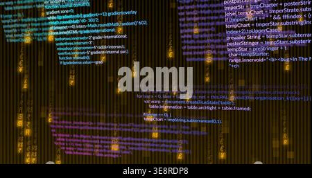 Streaming cascading monospace code across dark striped backdrop, with cyan purple text, gold glyphs Stock Photo