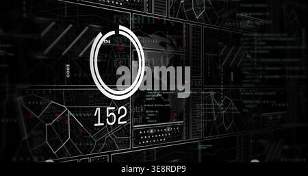 Displaying circular progress gauge with numeric readout 152 and dotted world map on dashboard Stock Photo