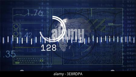 Displaying centered dashboard on command console showing dotted Africa map, HUD rings, numbers Stock Photo