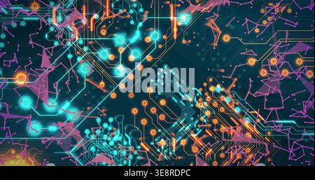 Displaying centered circuitry network in digital environment, with teal PCB traces and orange nodes Stock Photo